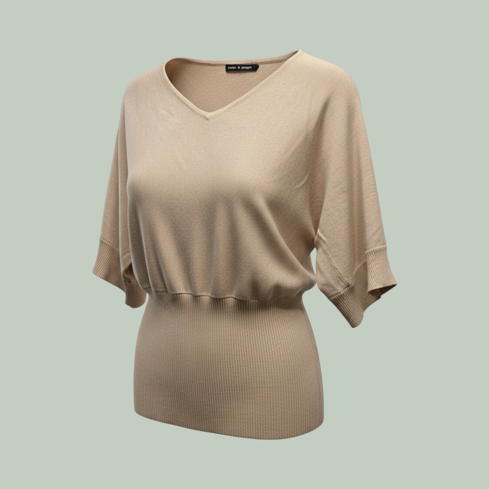 Cable & Gauge Beige Dolman Sweater Gold Ring V Neck Ribbed Tunic Size Unknown
